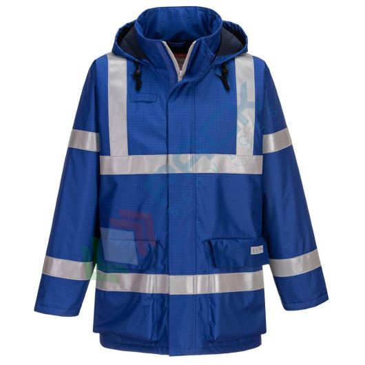 Giacca da lavoro antistatica e resistente alla fiamma, 98% poliestere + 2% fibra di carbonio, impermeabile ed ignifuga, omologata EN ISO 14116 + EN 1149 + EN 13034 + EN 343 + EN 14058, colore blu royal