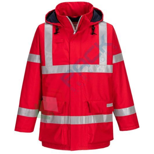 Giacca da lavoro antistatica e resistente alla fiamma, 98% poliestere + 2% fibra di carbonio, impermeabile ed ignifuga, omologata EN ISO 14116 + EN 1149 + EN 13034 + EN 343 + EN 14058, colore rosso