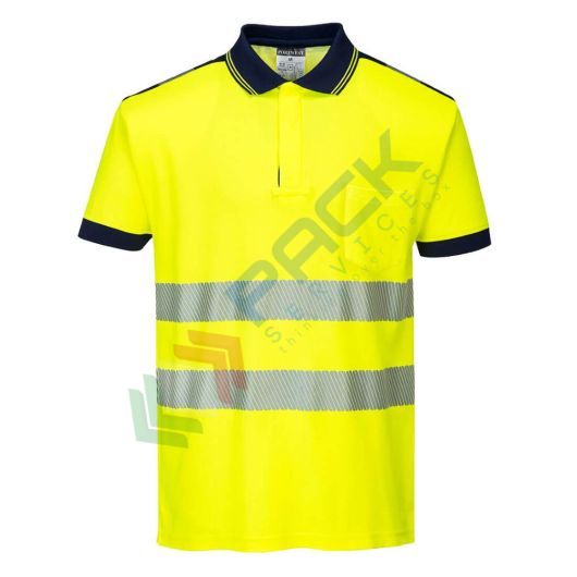 Polo alta visibilità in maglia in 55% cotone + 45% poliestere 175 gr, nastro premium HiVisTex Pro, anello sotto la chiusura per aggancio di occhiali/penne, certificata EN ISO 20471 Classe 2 + RIS 3279 TOM, colore giallo/blu navy, tg. XL