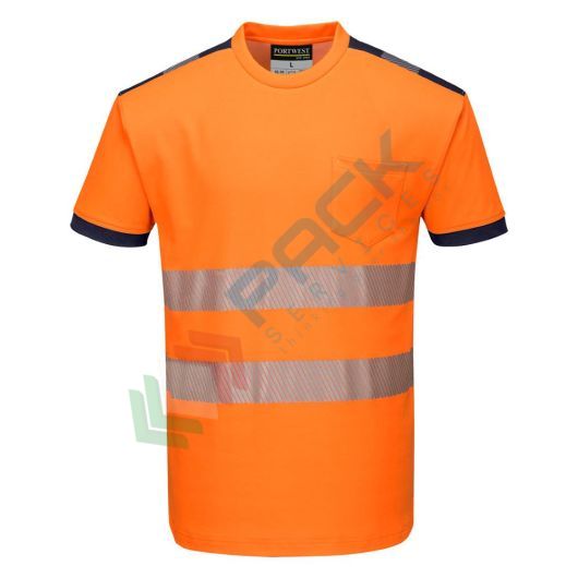 T-Shirt alta visibilità in maglia in 55% cotone + 45% poliestere 175 gr, nastro premium HiVisTex Pro, 1 tasca sicura, spacchi laterali, girocollo, certificata EN ISO 20471 Classe 2 + RIS 3279 TOM, colore arancione/blu navy, tg. XXL