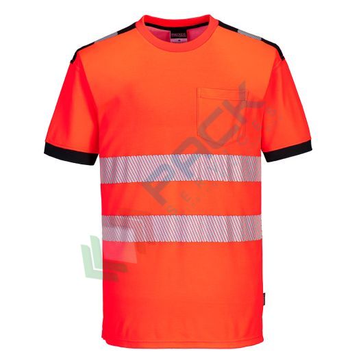 T-Shirt alta visibilità in maglia in 55% cotone + 45% poliestere 175 gr, nastro premium HiVisTex Pro, 1 tasca sicura, spacchi laterali, girocollo, certificata EN ISO 20471 Classe 2 + RIS 3279 TOM, colore rosso/nero, tg. XXL