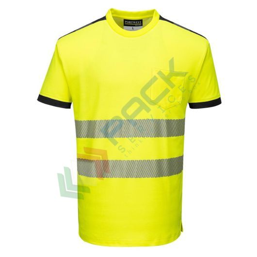 T-Shirt alta visibilità in maglia in 55% cotone + 45% poliestere 175 gr, nastro premium HiVisTex Pro, 1 tasca sicura, spacchi laterali, girocollo, certificata EN ISO 20471 Classe 2 + RIS 3279 TOM, colore giallo/nero, tg. M