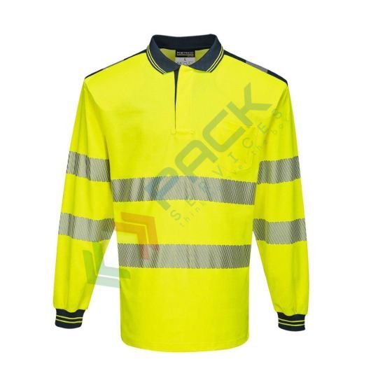 Polo alta visibilità in maglia in 55% cotone + 45% poliestere 175 gr, maniche lunghe, nastro premium HiVisTex Pro, anello sotto la chiusura per aggancio di occhiali/penne, certificata EN ISO 20471 classe 3 + RIS 3279 TOM, colore giallo/blu navy, tg. 3XL