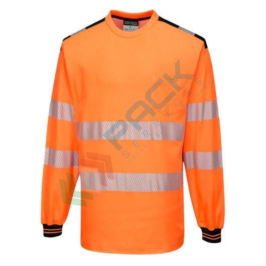 T-Shirt alta visibilità in maglia in 55% cotone + 45% poliestere 175 gr, maniche lunghe, nastro premium HiVisTex Pro, tasca al petto, girocollo e spacchi laterali, certificata EN ISO 20471 classe 3 + RIS 3279 TOM, colore arancione/nero, tg. M