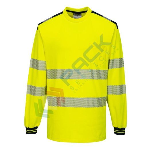 T-Shirt alta visibilità in maglia in 55% cotone + 45% poliestere 175 gr, maniche lunghe, nastro premium HiVisTex Pro, tasca al petto, girocollo e spacchi laterali, certificata EN ISO 20471 classe 3 + RIS 3279 TOM, colore giallo/nero, tg. L