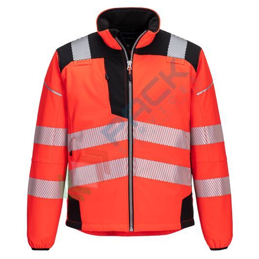 Giacca alta visibilità Softshell, modello performante PW3, 94% poliestere + 6% Elastan, 310 gr, omologata EN ISO 20471, colore rosso/nero