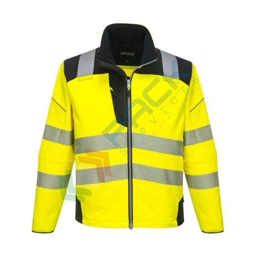 Giacca alta visibilità Softshell, modello performante PW3, 94% poliestere + 6% Elastan, 310 gr, omologata EN ISO 20471, colore giallo/nero
