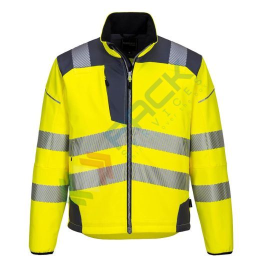 Giacca alta visibilità Softshell, modello performante PW3, 94% poliestere + 6% Elastan, 310 gr, omologata EN ISO 20471, colore giallo/grigio