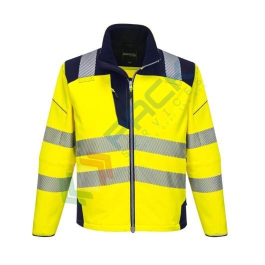 Giacca alta visibilità Softshell, modello performante PW3, 94% poliestere + 6% Elastan, 310 gr, omologata EN ISO 20471, colore giallo/blu navy