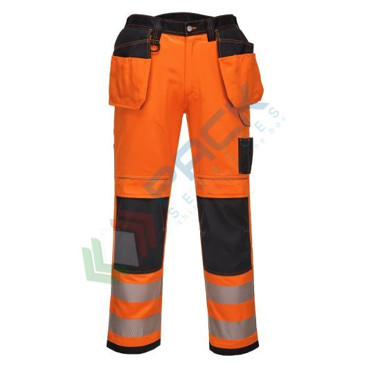 Pantaloni alta visibilità in tessuto Titanmill Plus (65% poliestere + 35% cotone), 300 gr, modello PW3 con tasche Holster, vestibilità regular, omologati CE + EN ISO 20471 Classe 2, colore arancione/nero, tg. M