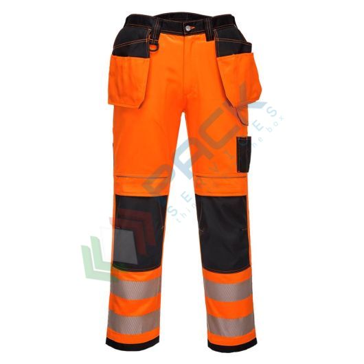 Pantaloni alta visibilità in tessuto Titanmill Plus (65% poliestere + 35% cotone), 300 gr, modello PW3 con tasche Holster, vestibilità small, omologati CE + EN ISO 20471 Classe 2, colore arancione/nero, tg. S