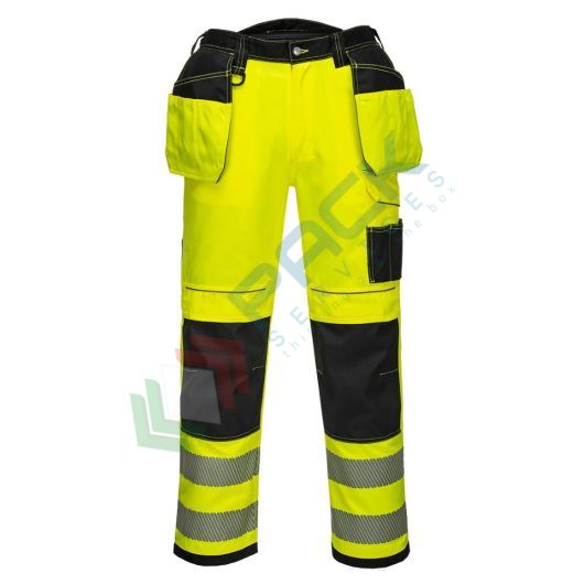 Pantaloni alta visibilità in tessuto Titanmill Plus (65% poliestere + 35% cotone), 300 gr, modello PW3 con tasche Holster, vestibilità small, omologati CE + EN ISO 20471 Classe 2, colore giallo/nero, tg. L