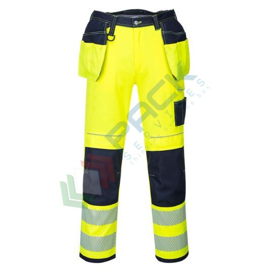 Pantaloni alta visibilità in tessuto Titanmill Plus (65% poliestere + 35% cotone), 300 gr, modello PW3 con tasche Holster, vestibilità small, omologati CE + EN ISO 20471 Classe 2, colore giallo/blu navy, tg. XL