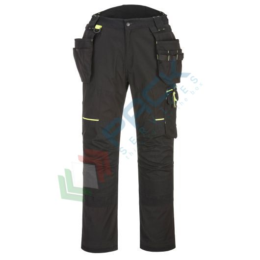 Pantalone da lavoro multitasche, 65% poliestere riciclato + 33% cotone + 2% elastan, 280 gr, modello Holster Eco Stretch WX3, tessuto riciclato certificato ecosostenibile, colore nero