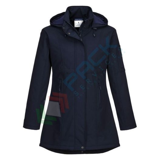 Cappotto da lavoro Softshell da donna, 94% poliestere + 6% elastan, modello Carla, idrorepellente e traspirante con flap di chiusura frontale, colore blu navy