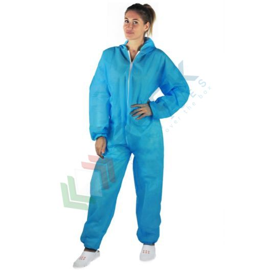 [TUT40-AZL] Tuta monouso in TNT di polipropilene (PP), 40 g/mq, chiusura con cerniera e cappuccio, conf. 50 pz