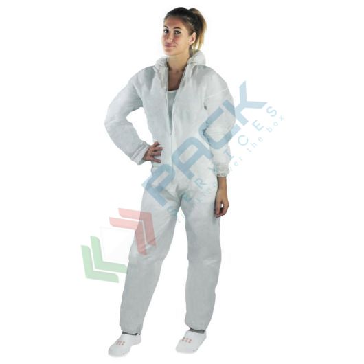 Tuta monouso in TNT di polipropilene (PP), 40 g/mq, chiusura con cerniera e cappuccio, conf. 50 pz