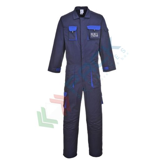 Tuta da lavoro bicolore, in tessuto Texo Cotton Rich 60% Cotone + 40% Poliestere, 245 gr, 14 tasche, elegante offre comfort e protezione totale, colore blu navy