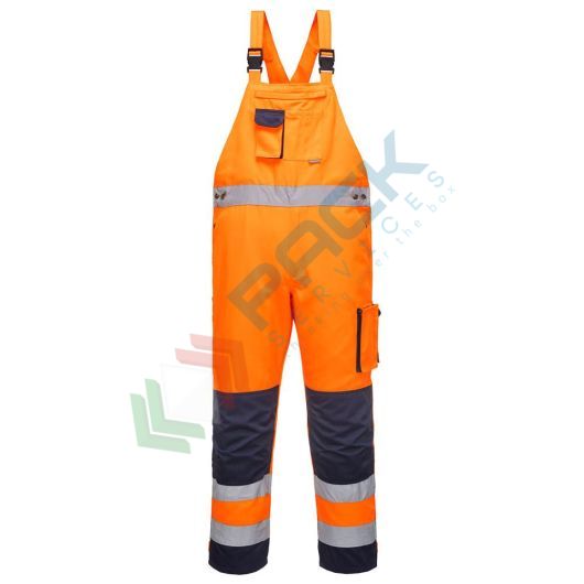 [TX52ONRXXL] Salopette alta visibilità in Kingsmill Polycotton (65% poliestere + 35% cotone) 245 gr, 10 tasche ampie, certificata EN ISO 20471 Classe 2 + RIS 3279 TOM, colore arancione/blu navy, tg. XXL