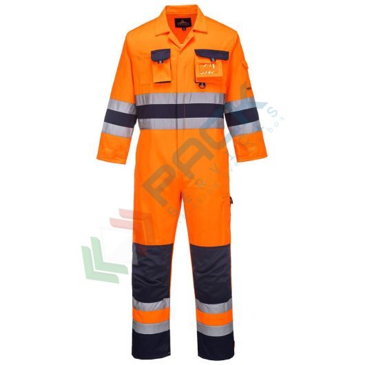 [TX55ONRXL] Tuta alta visibilità in Kingsmill Polycotton (65% poliestere + 35% cotone) 245 gr, 12 tasche ampie, certificata EN ISO 20471 Classe 3 + RIS 3279 TOM, colore arancione/blu navy, tg. XL