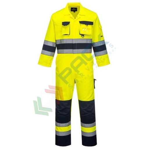 [TX55YNRL] Tuta alta visibilità in Kingsmill Polycotton (65% poliestere + 35% cotone) 245 gr, 12 tasche ampie, certificata EN ISO 20471 Classe 3, colore giallo/blu navy, tg. L