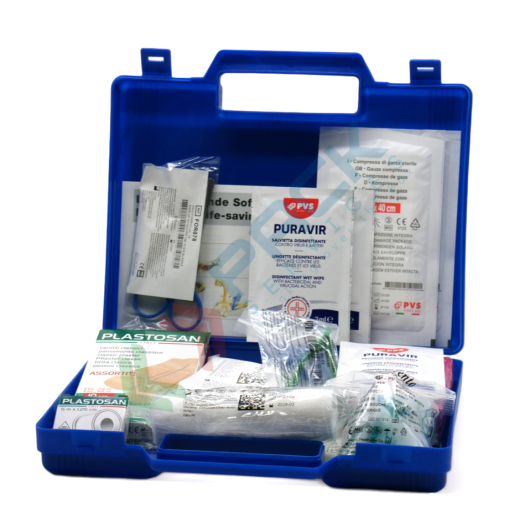 Cassetta pronto soccorso per ferite di piccola entità, in plastica, Mis. 235 L x 195 P x 45 H mm per autovetture private o di servizio, nelle attività del tempo libero e nel fai da te, campeggio