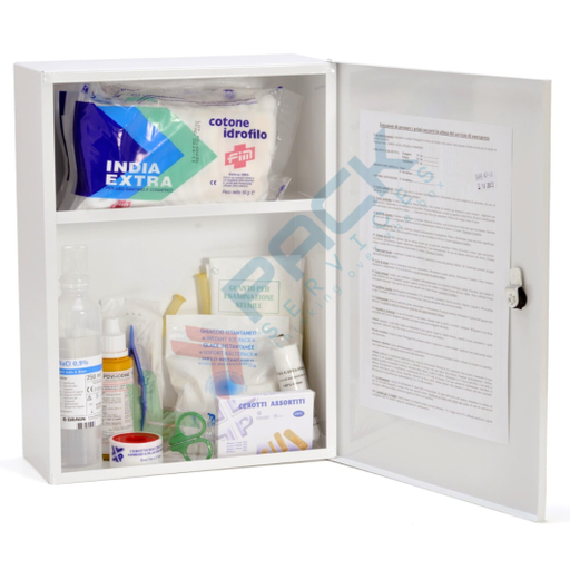 [AM388-M2] Armadietto pronto soccorso in metallo, contenuto maggiorato conforme all'allegato 2 del D.lgs. 81/2008-D.M.388/2003, ideale fino a 2 lavoratori (per aziende del gruppo C)