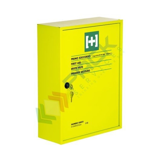 [AMFLUO-B2] Armadietto pronto soccorso in metallo verniciato con polvere epossidica FLUO, contenuto base conforme all'allegato 2 del D.lgs. 81/2008-D.M.388/2003, ideale fino a 2 lavoratori (per aziende del gruppo C)
