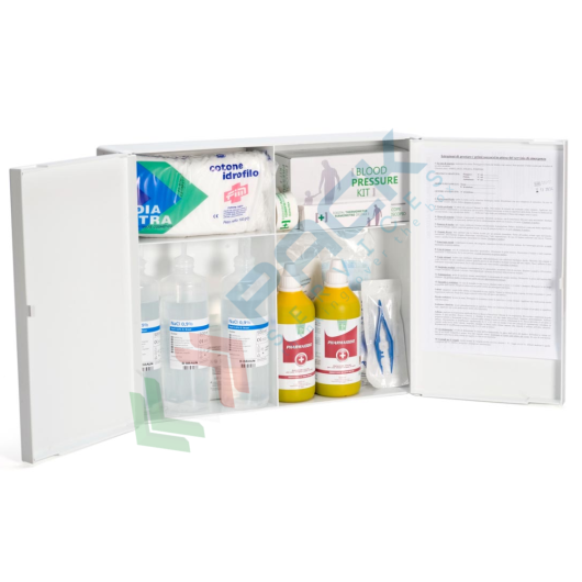 Armadietto pronto soccorso in plastica, contenuto base conforme all'allegato 1 del D.lgs. 81/2008-D.M.388/2003, ideale per 3 o più lavoratori (per aziende del gruppo AB)