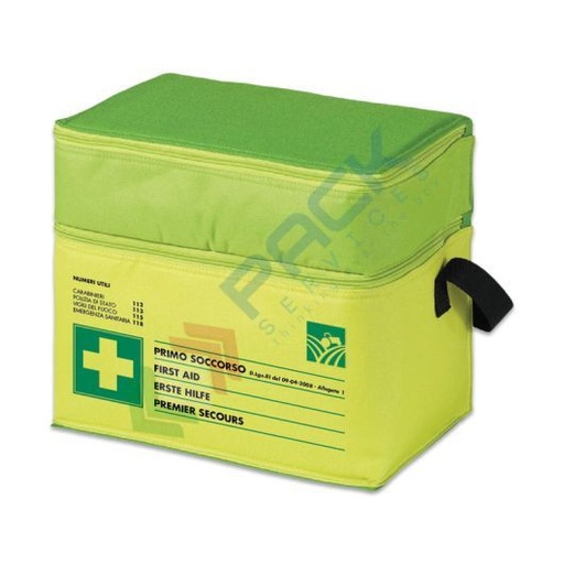 [BRFLUO-AGRO] Borsa pronto soccorso in nylon resistente colore FLUO, contenuto base + MAGGIORAZIONE comparto AGRICOLTURA conforme all'allegato 1 del D.lgs. 81/2008-D.M.388/2003, ideale per 3 o più lavoratori (per aziende del gruppo AB)
