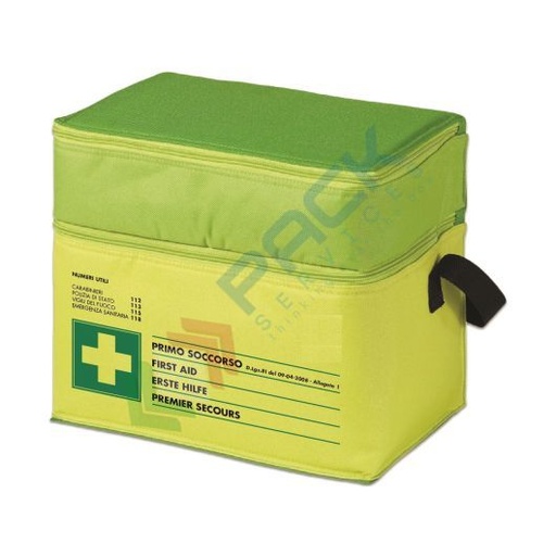[BRFLUO-B1] Borsa pronto soccorso in nylon resistente colore FLUO, contenuto base conforme all'allegato 1 del D.lgs. 81/2008-D.M.388/2003, ideale per 3 o più lavoratori (per aziende del gruppo AB)