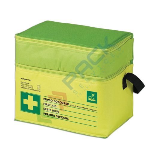 [BRFLUO-TRAS] Borsa pronto soccorso in nylon resistente colore FLUO, contenuto base + MAGGIORAZIONE comparto TRASPORTI conforme all'allegato 1 del D.lgs. 81/2008-D.M.388/2003, ideale per 3 o più lavoratori (per aziende del gruppo AB)