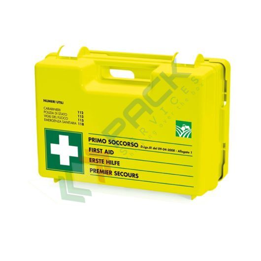 [CPFLUO-AGRO] Cassetta pronto soccorso in plastica colore FLUO, contenuto base + MAGGIORAZIONE comparto AGRICOLTURA conforme all'allegato 1 del D.lgs. 81/2008-D.M.388/2003, ideale per 3 o più lavoratori (per aziende del gruppo AB)