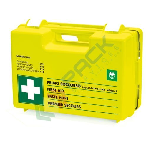 [CPFLUO-EDIL] Cassetta pronto soccorso in plastica colore FLUO, contenuto base + MAGGIORAZIONE comparto EDILIZIAconforme all'allegato 1 del D.lgs. 81/2008-D.M.388/2003, ideale per 3 o più lavoratori (per aziende del gruppo AB)