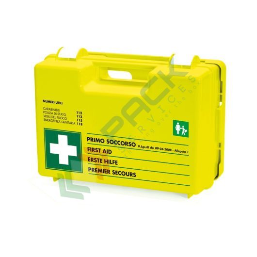 [CPFLUO-SCUO] Cassetta pronto soccorso in plastica colore FLUO, contenuto base + MAGGIORAZIONE comparto SCUOLA conforme all'allegato 1 del D.lgs. 81/2008-D.M.388/2003, ideale per 3 o più lavoratori (per aziende del gruppo AB)