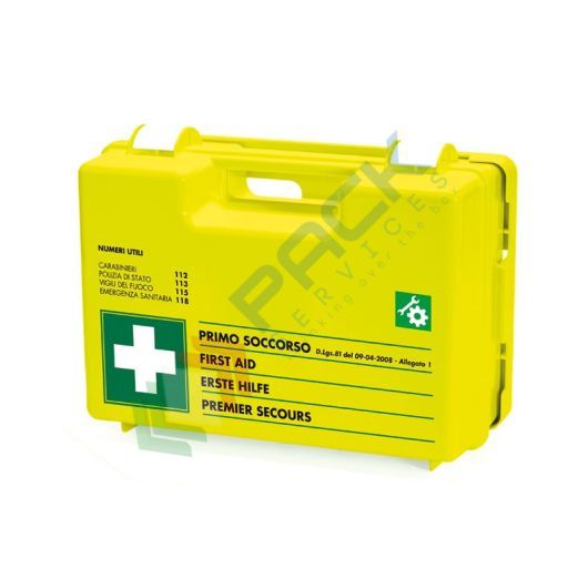 [CPFLUO-TECH] Cassetta pronto soccorso in plastica colore FLUO, contenuto base + MAGGIORAZIONE comparto OFFICINE TECNICHE conforme all'allegato 1 del D.lgs. 81/2008-D.M.388/2003, ideale per 3 o più lavoratori (per aziende del gruppo AB)