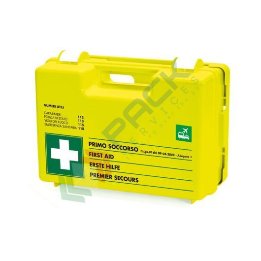 [CPFLUO-TRAS] Cassetta pronto soccorso in plastica colore FLUO, contenuto base + MAGGIORAZIONE comparto TRASPORTI conforme all'allegato 1 del D.lgs. 81/2008-D.M.388/2003, ideale per 3 o più lavoratori (per aziende del gruppo AB)