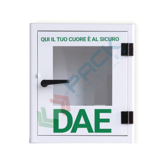 Teca per defibrillatore in acciaio, ideale per ambienti esterni, con illuminazione crepuscolare e allarme, colore bianco