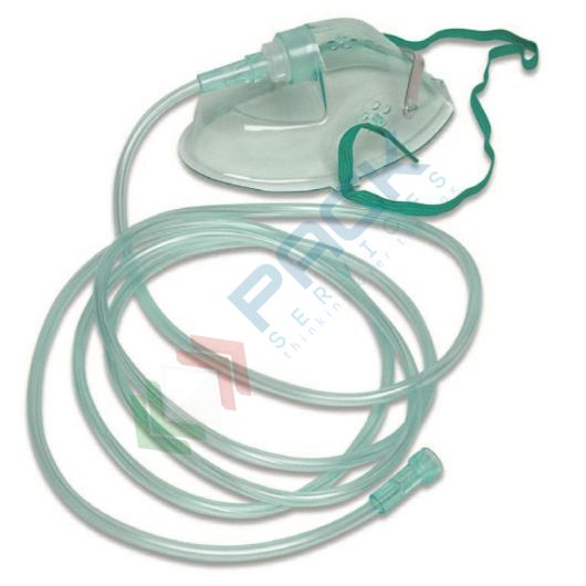 Maschera ossigeno in PVC, per adulti, con elastico, clip metallica stringinaso e tubo antischiacciamento da 2 mt