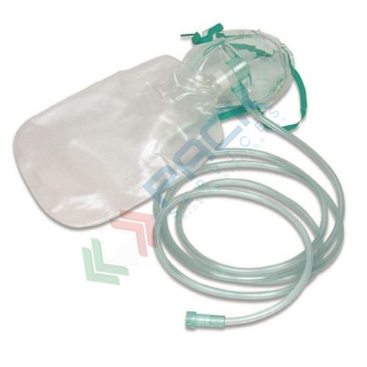 Maschera ossigeno in PVC con reservoire, con elastico, clip metallica stringinaso e tubo antischiacciamento da 2 mt