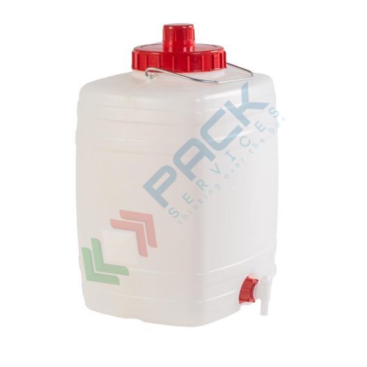 [BBLQR020] Bottiglione in plastica (HDPE), quadrato con collo largo e rubinetto, capacità 20 Lt, maniglia in ferro, chiusura a vite (tappo incluso)