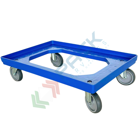 [CAR-OP6040/B] Carrello per cassette norma Europa in ABS, Mis. base 60 x 40 cm, 4 ruote in gomma sterzanti, portata 300 kg, modello con apertura superiore, colore blu