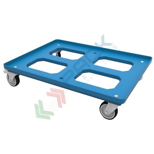 Carrello per cassette norma Europa in ABS, Mis. base 80 x 60 cm, 4 ruote in gomma sterzanti, portata 400 kg, modello con apertura superiore, colore blu