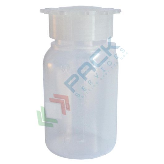 [CCL0050] Bottiglia in plastica (PE) cilindrica a collo largo, graduata, capacità 50 ml, chiusura con tappo a vite e sottotappo (tappo incluso)
