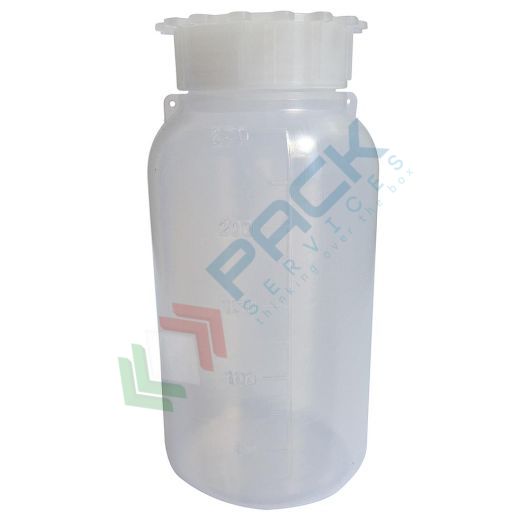 Bottiglia in plastica (PE) cilindrica a collo largo, graduata, capacità 250 ml, chiusura con tappo a vite e sottotappo (tappo incluso)