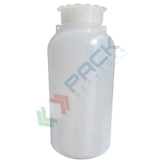 Bottiglia in plastica (PE) cilindrica a collo largo, graduata, capacità 500 ml, chiusura con tappo a vite e sottotappo (tappo incluso)