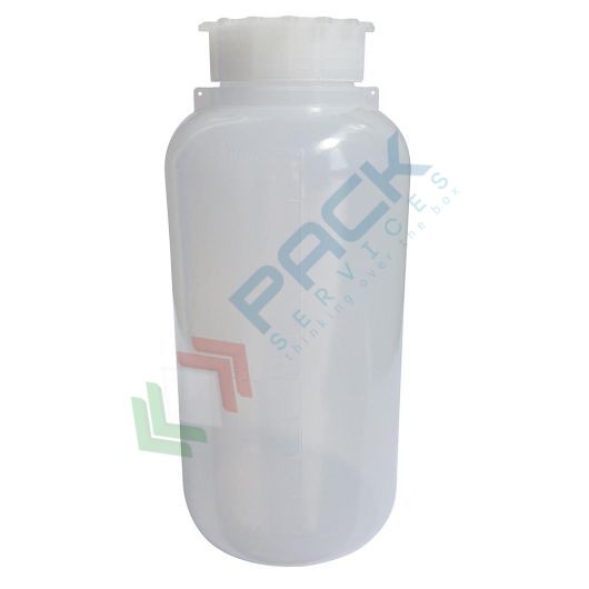 Bottiglia in plastica (PE) cilindrica a collo largo, graduata, capacità 1000 ml, chiusura con tappo a vite e sottotappo (tappo incluso)