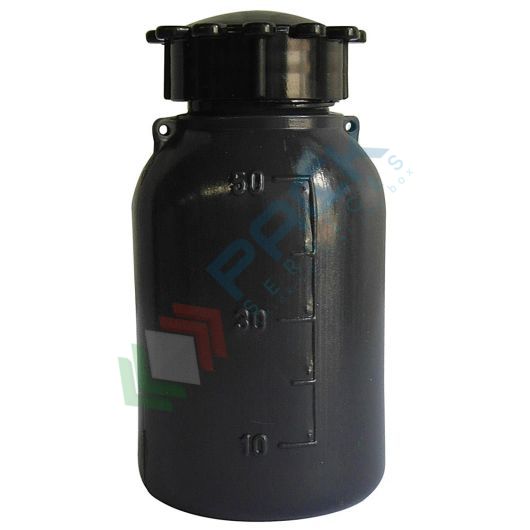 Bottiglia in plastica (PE) cilindrica a collo stretto, graduata, capacità 50 ml, chiusura con tappo a vite e sottotappo (tappo incluso), colore grigio scuro