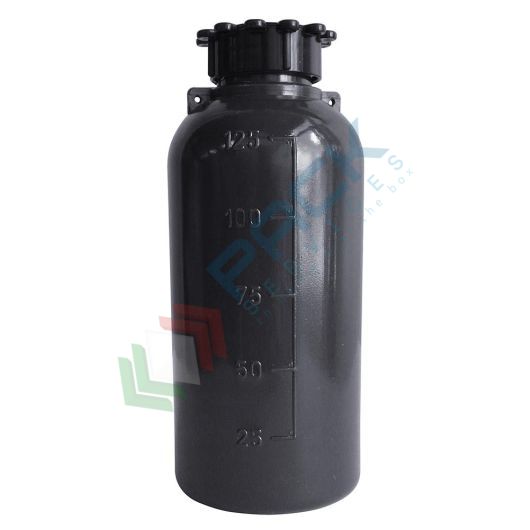 Bottiglia in plastica (PE) cilindrica a collo stretto, graduata, capacità 125 ml, chiusura con tappo a vite e sottotappo (tappo incluso), colore grigio scuro