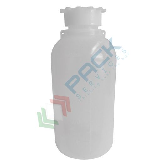 [CCS0250] Bottiglia in plastica (PE) cilindrica a collo stretto, graduata, capacità 250 ml, chiusura con tappo a vite e sottotappo (tappo incluso)